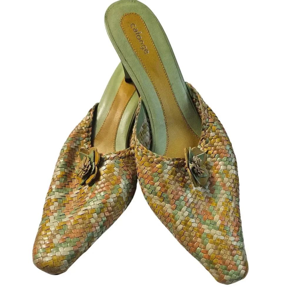Calonge leather hand woven yellow green kitten mules Spain vintage 40 8.5 / 9